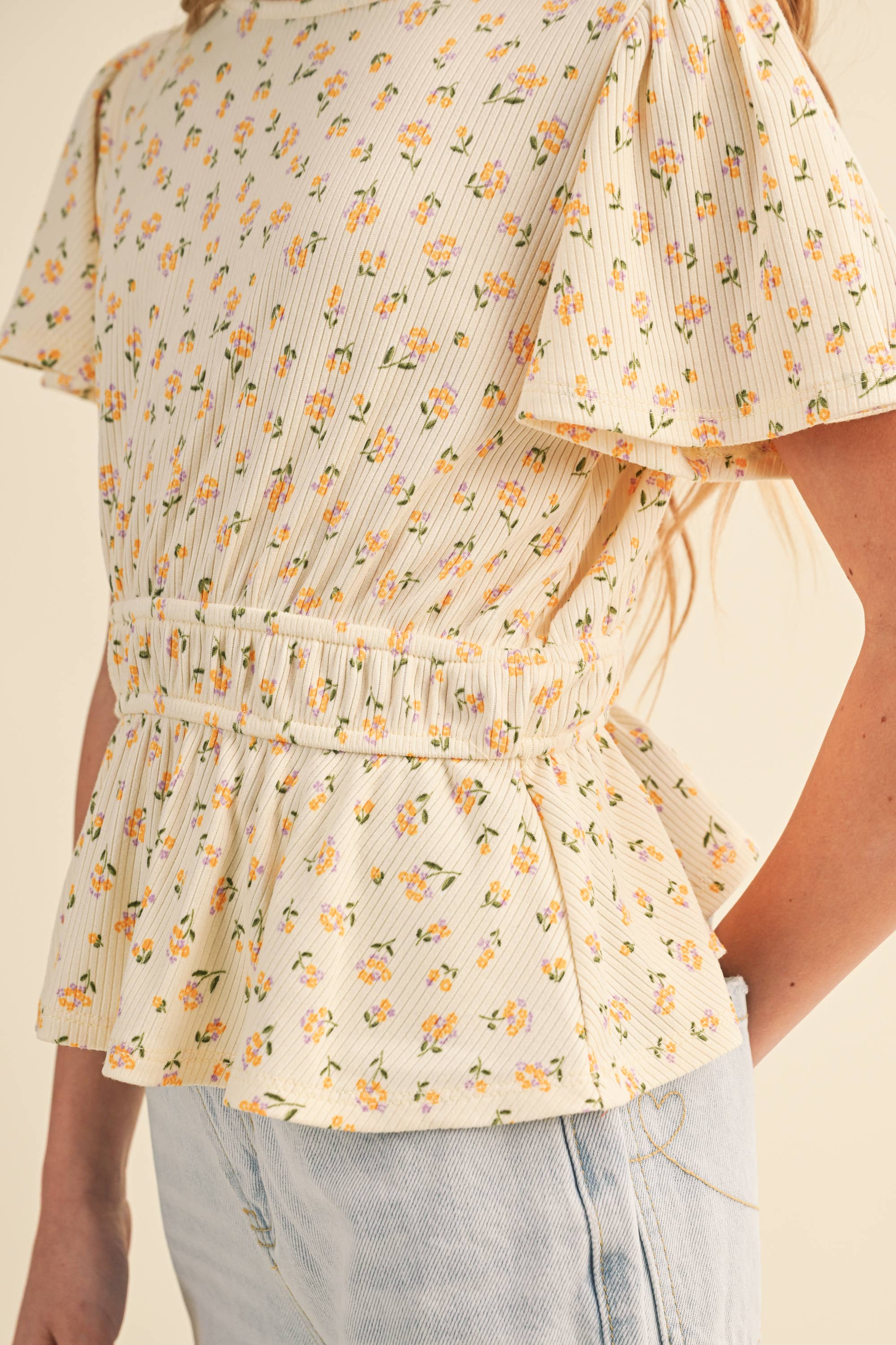 Round Neck Flutter Sleeve Peplum Top