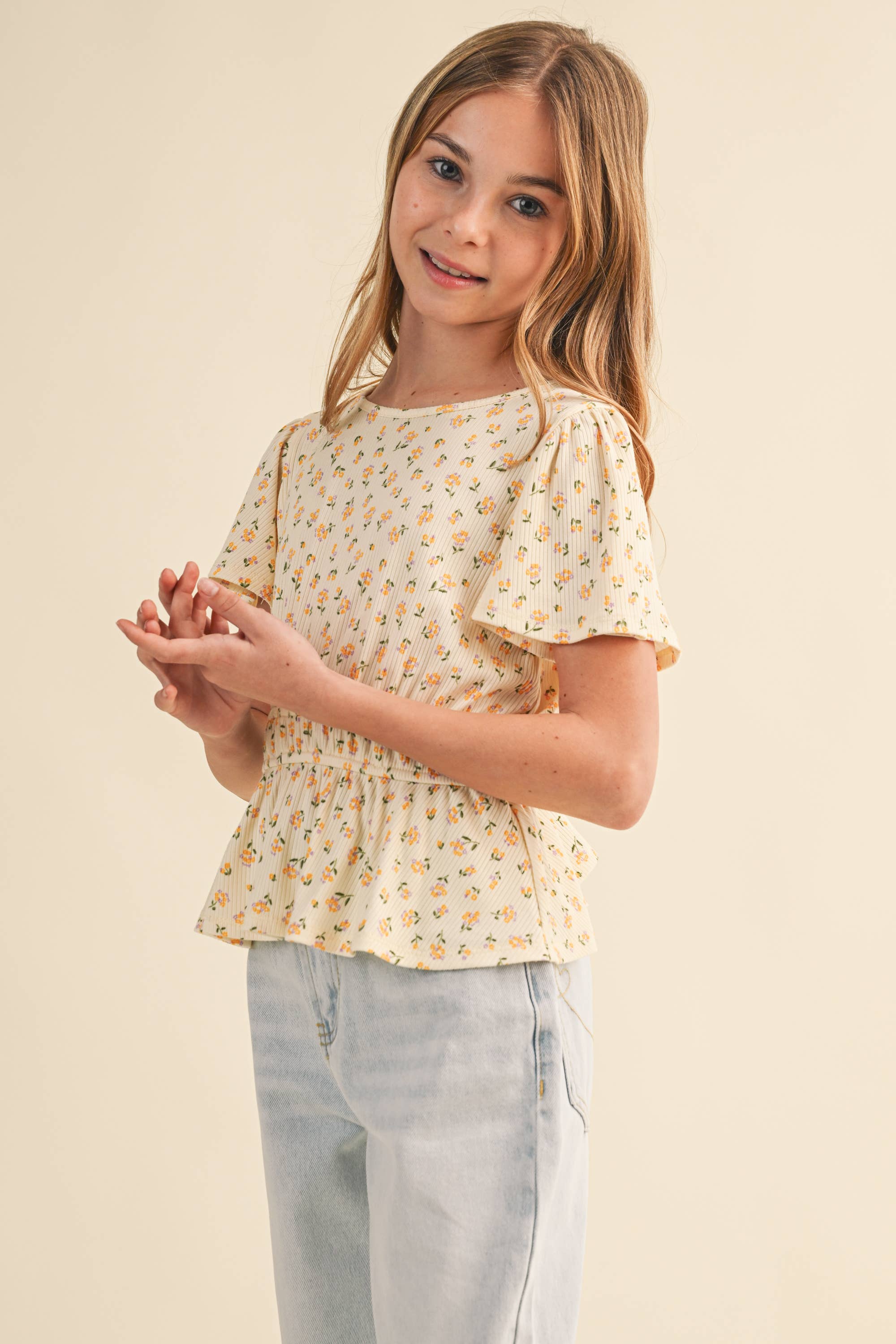 Round Neck Flutter Sleeve Peplum Top