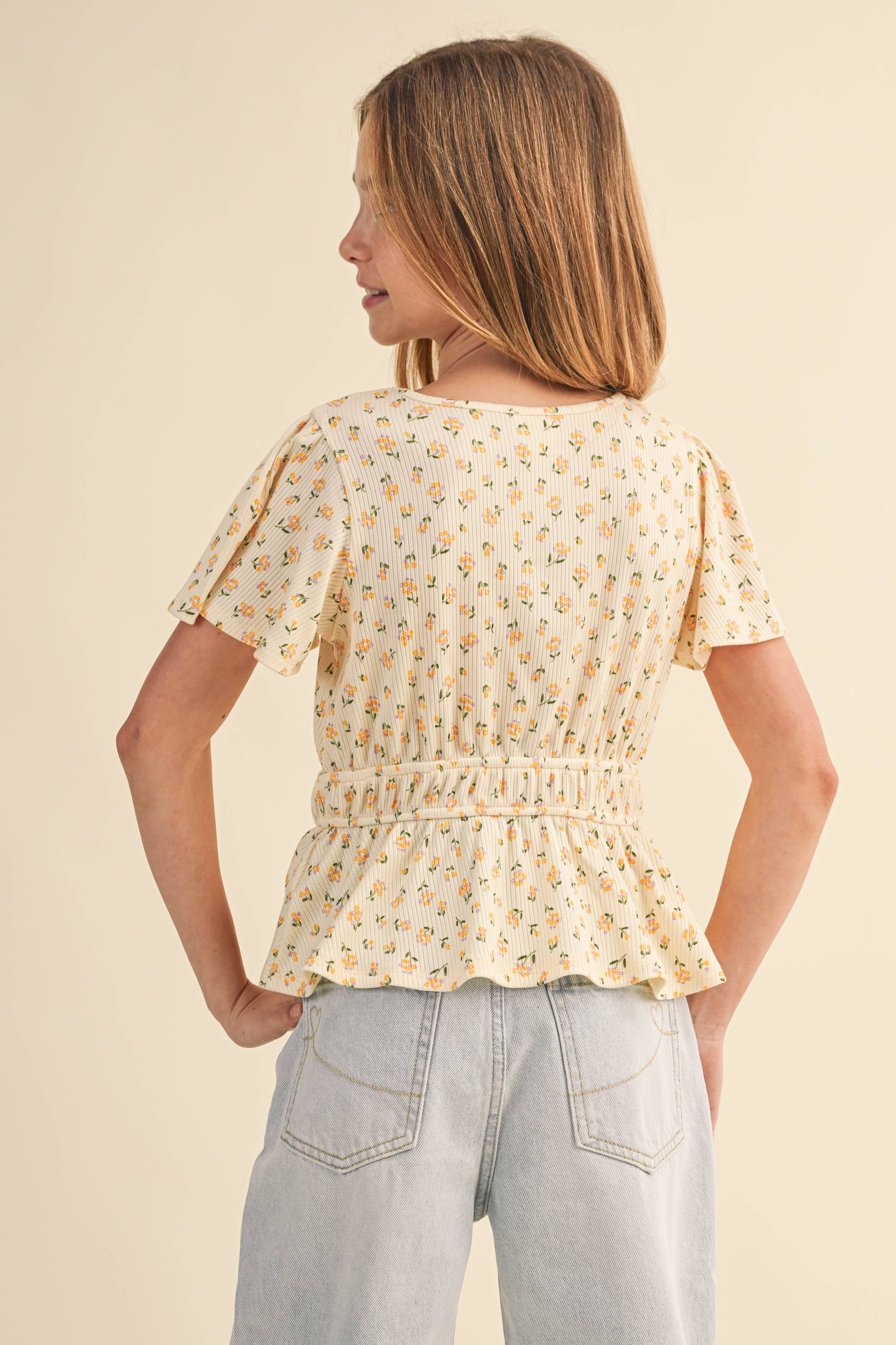 Round Neck Flutter Sleeve Peplum Top