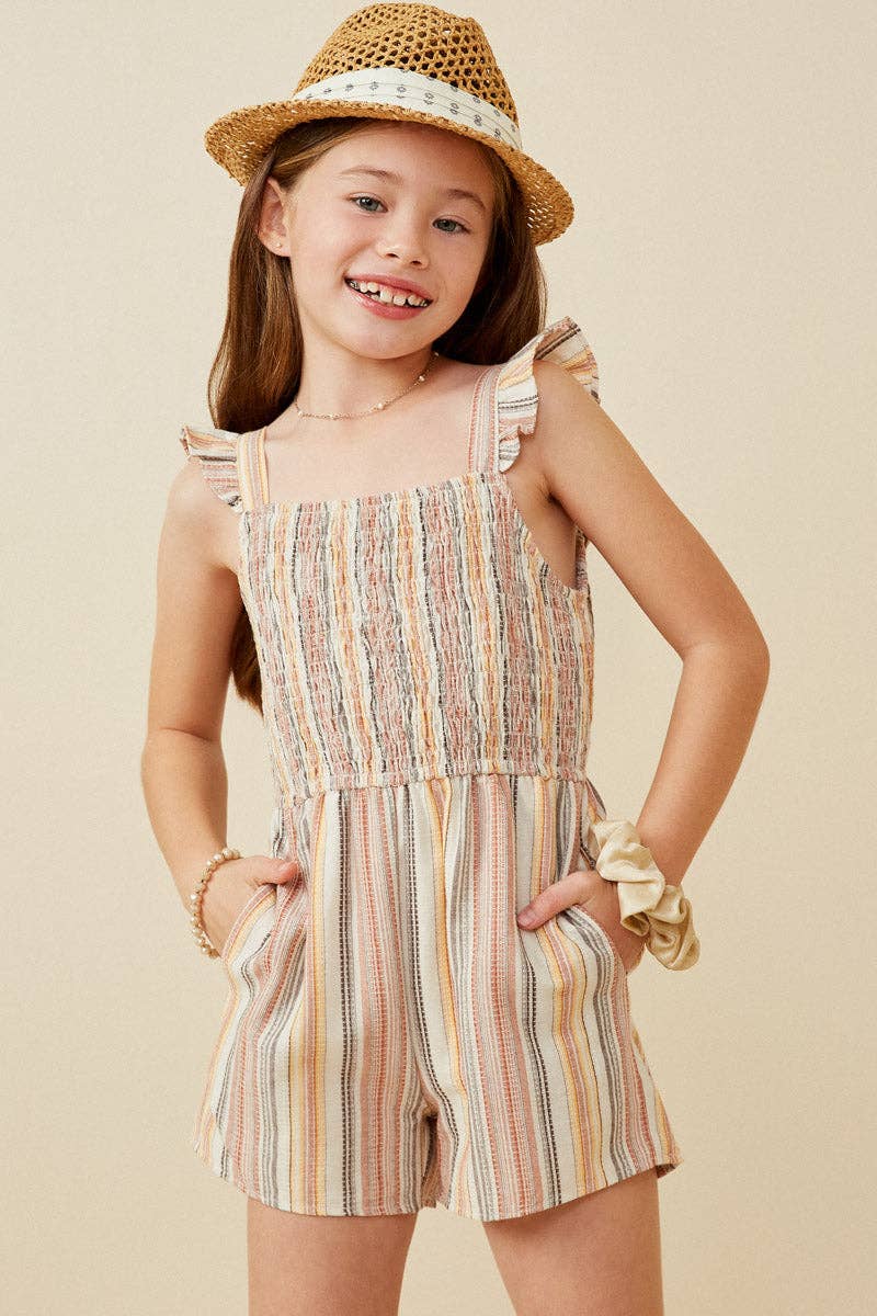 Textured Stripe Ruffle Strap Smocked Romper