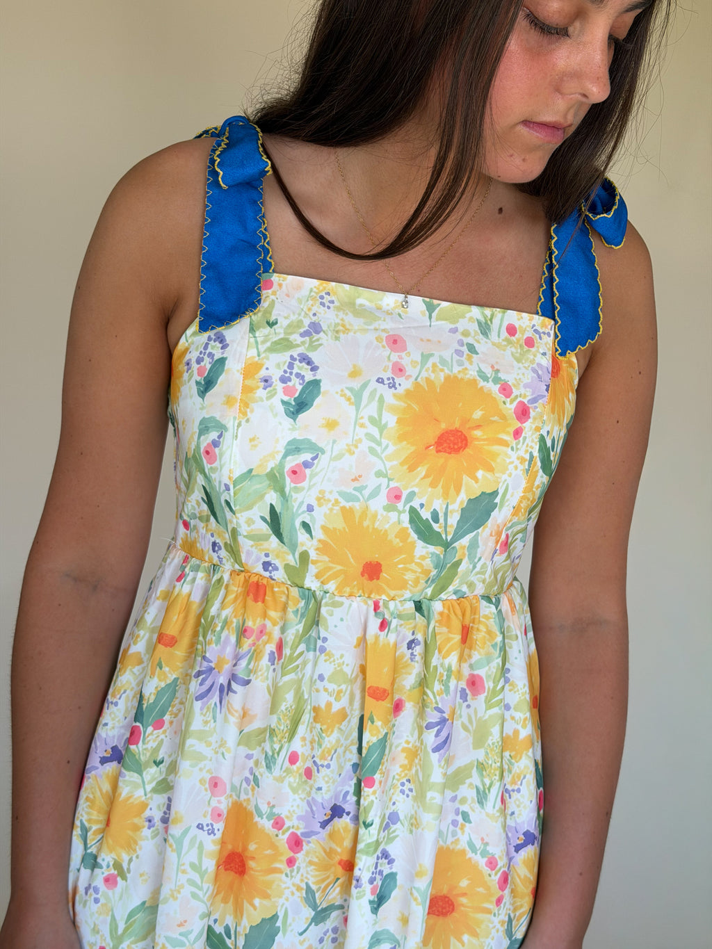 Floral Stitched Denim Strapped Maxi