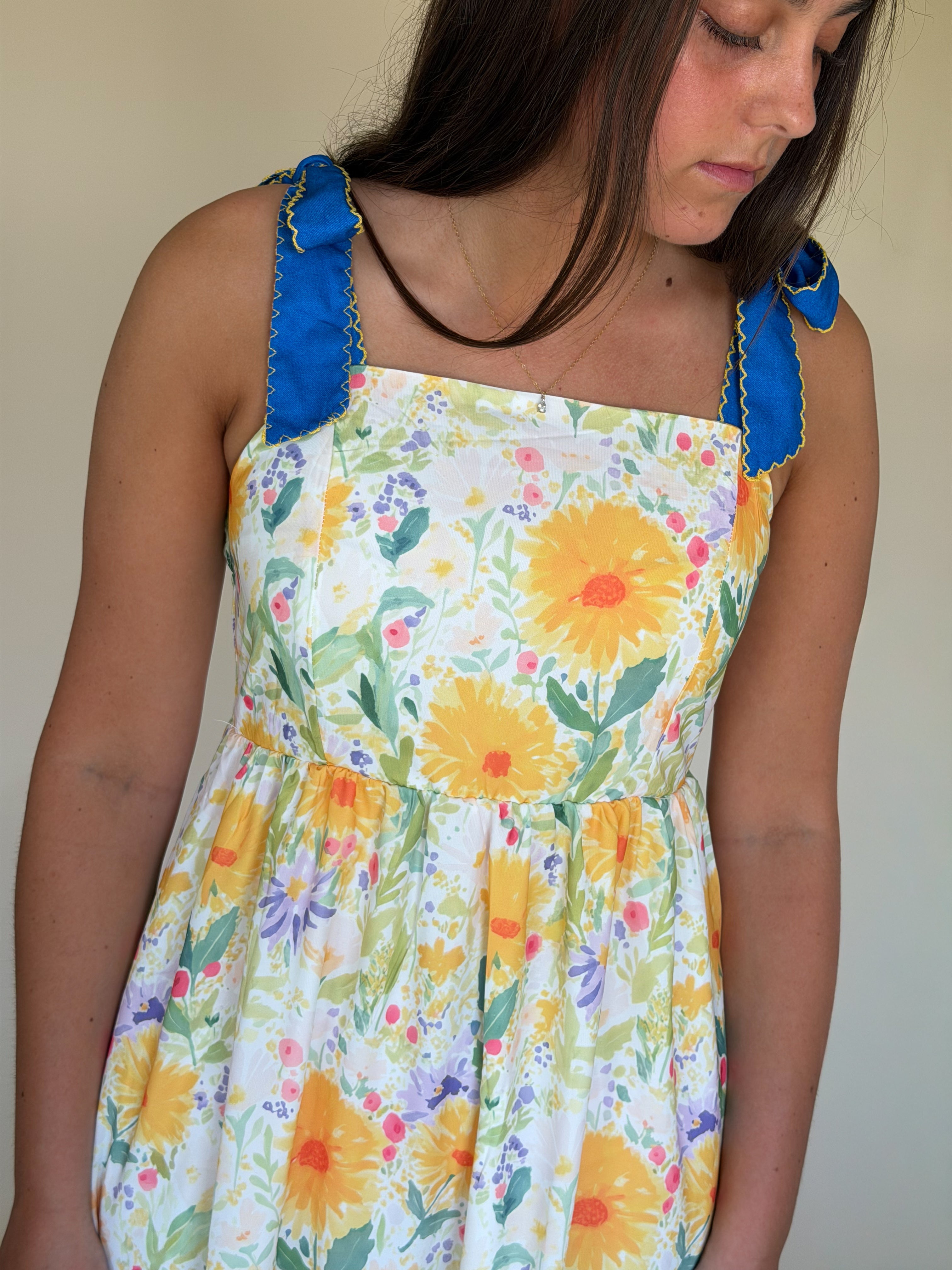 Floral Stitched Denim Strapped Maxi