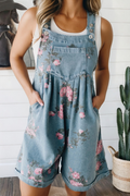 Floral Print Denim Shortalls