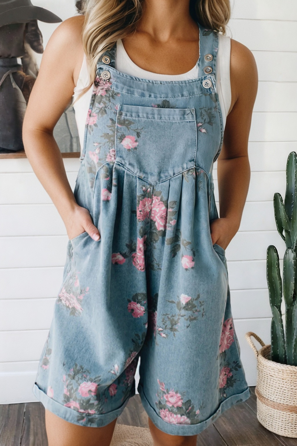 Floral Print Denim Shortalls