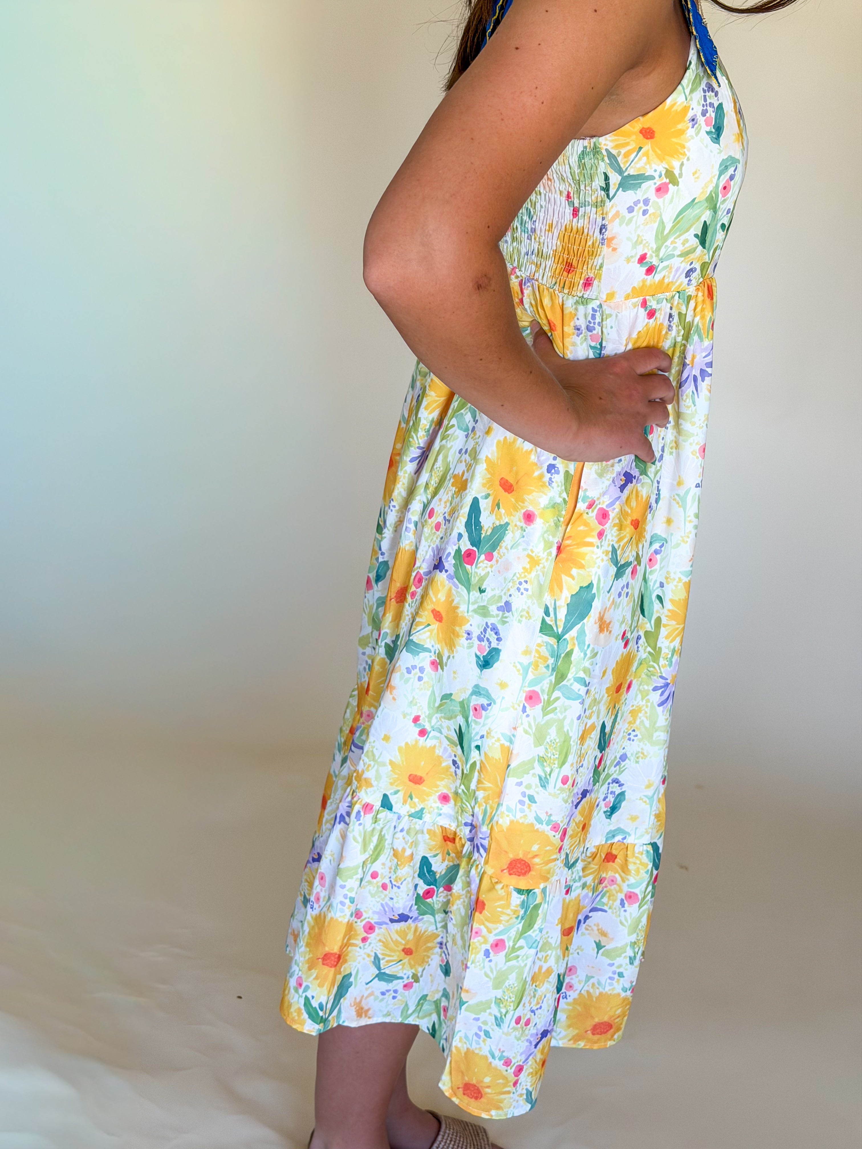 Floral Stitched Denim Strapped Maxi