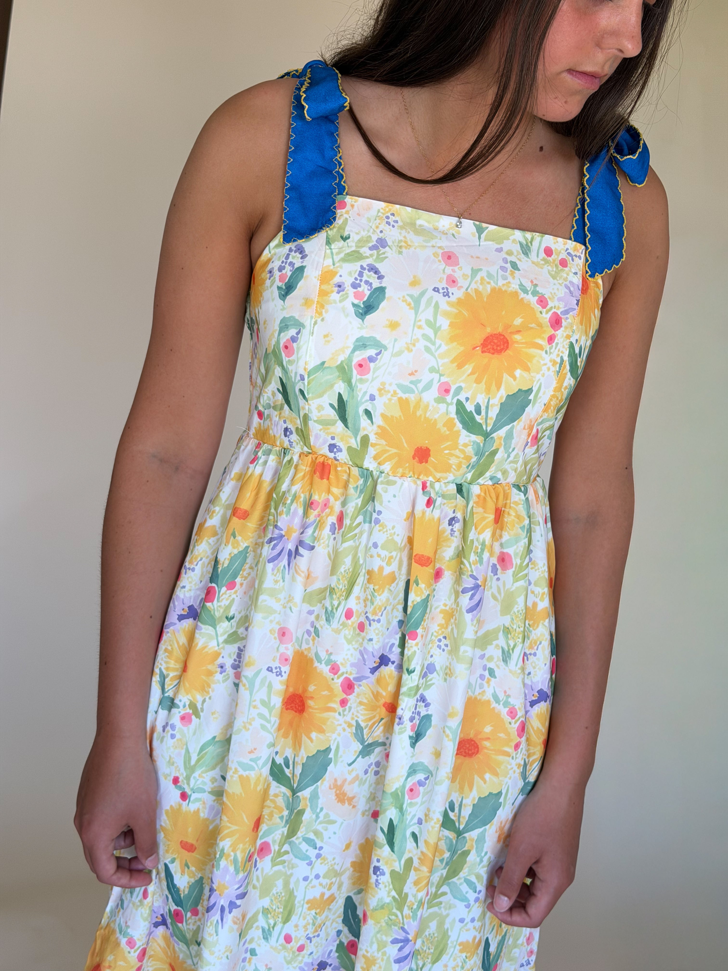 Floral Stitched Denim Strapped Maxi
