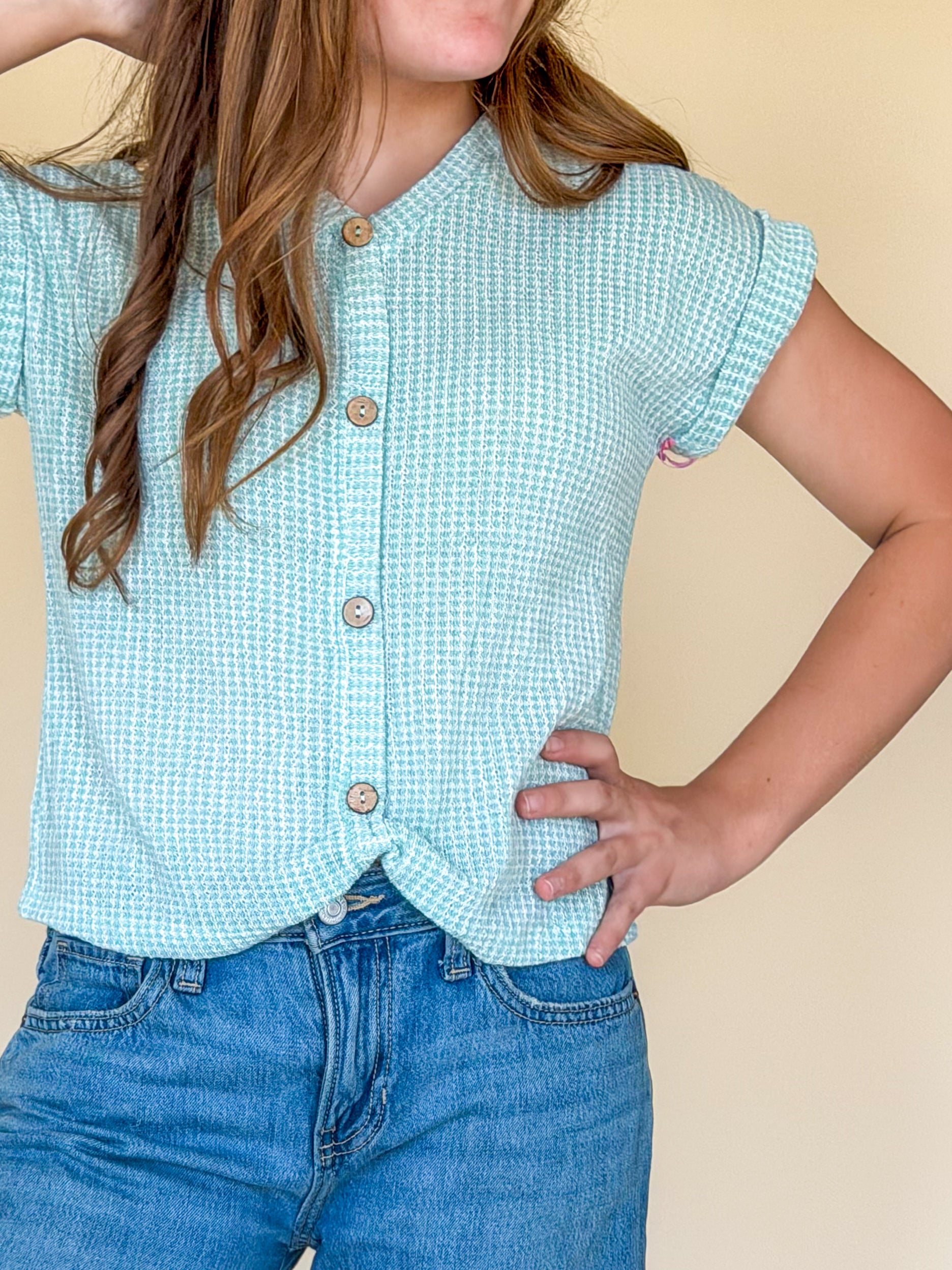 Textured Knit Buttoned Twist Front Top