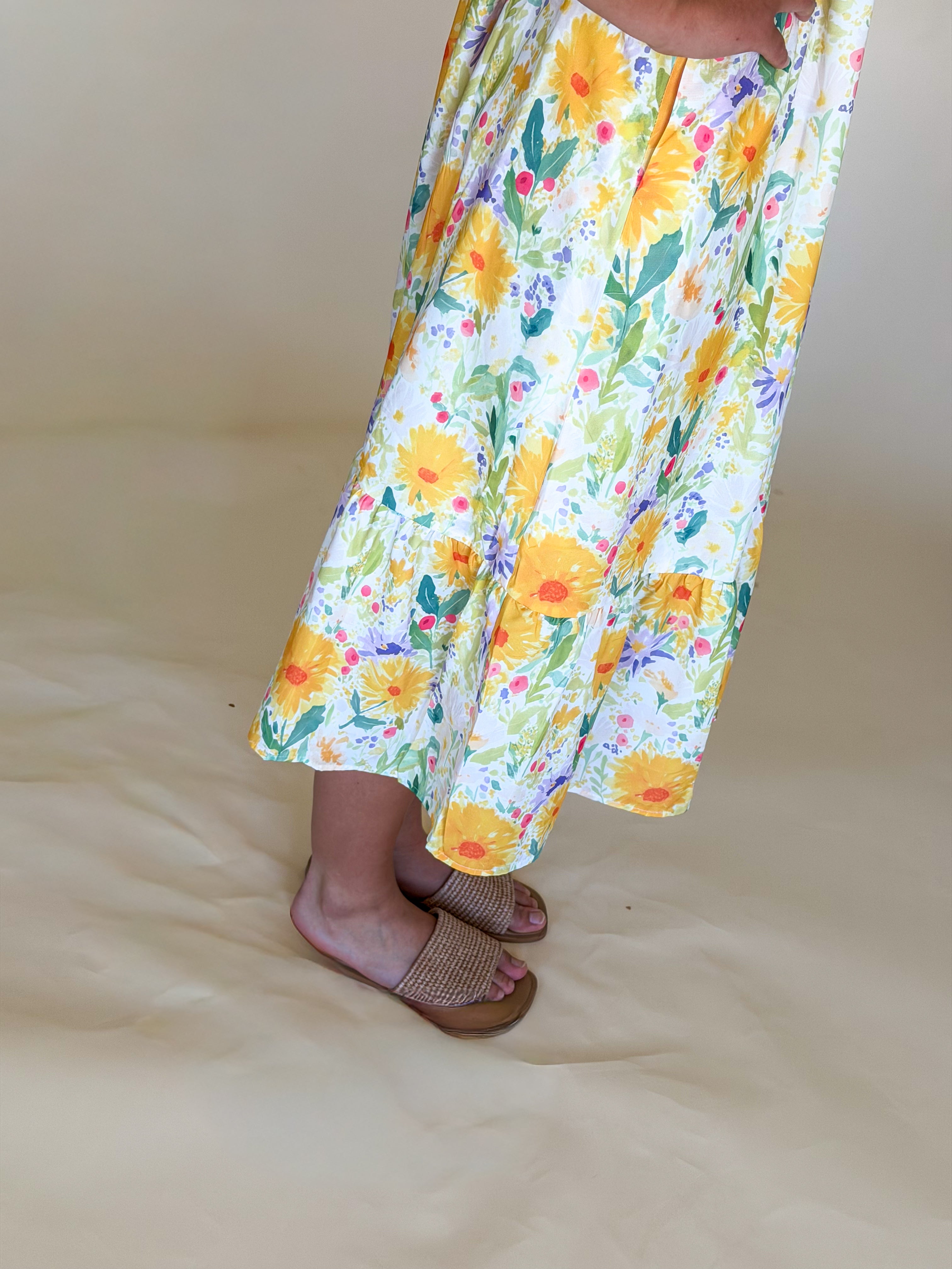 Floral Stitched Denim Strapped Maxi