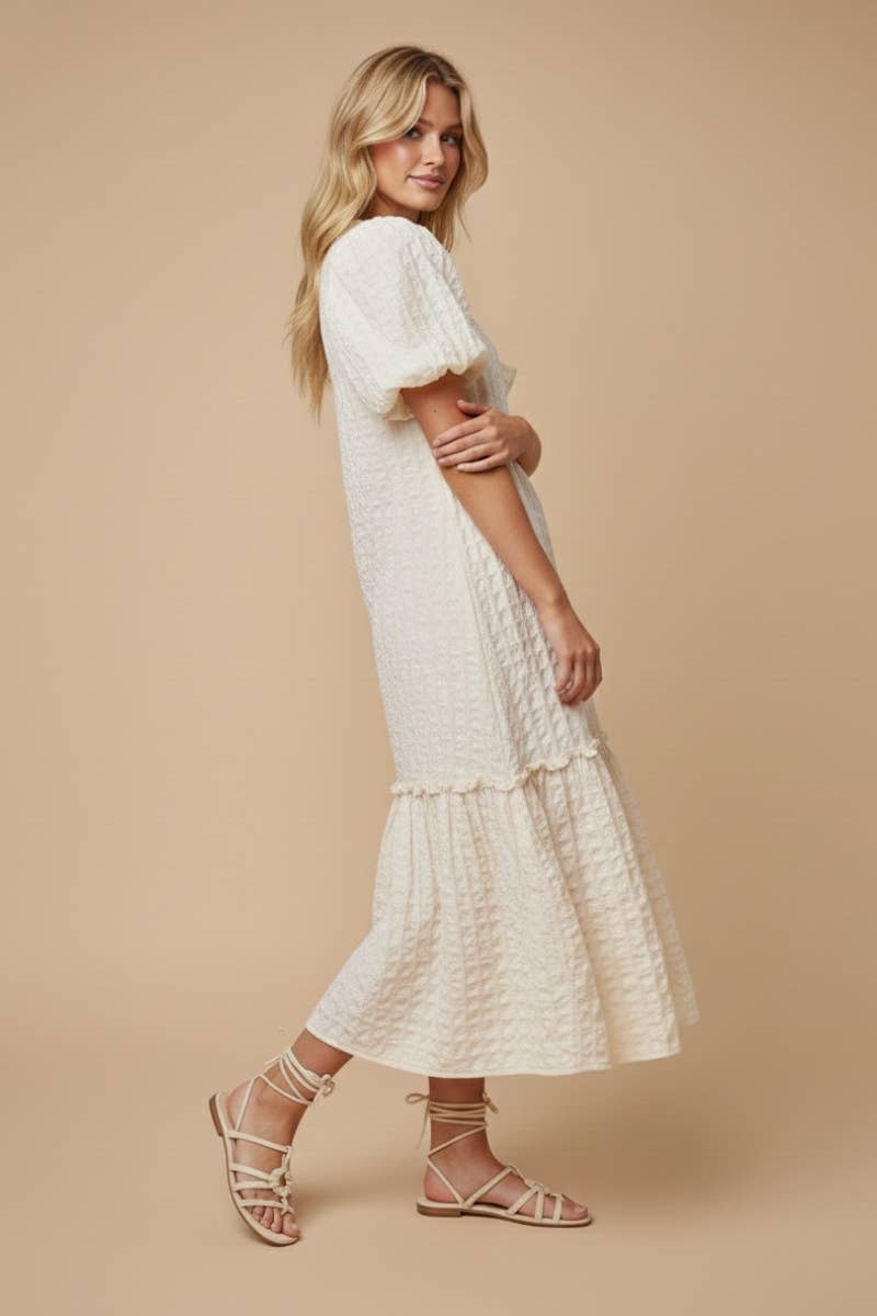 Cream Puff-Sleeve Midi Dress