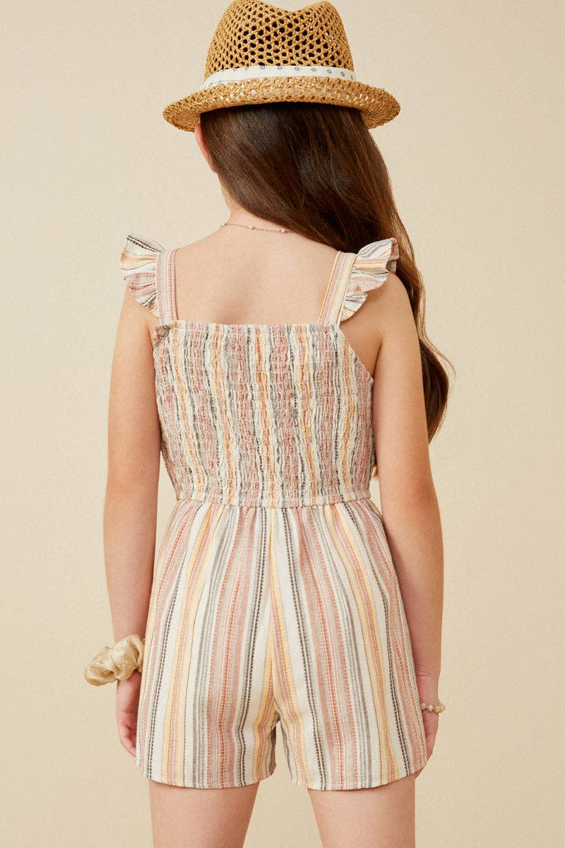 Textured Stripe Ruffle Strap Smocked Romper