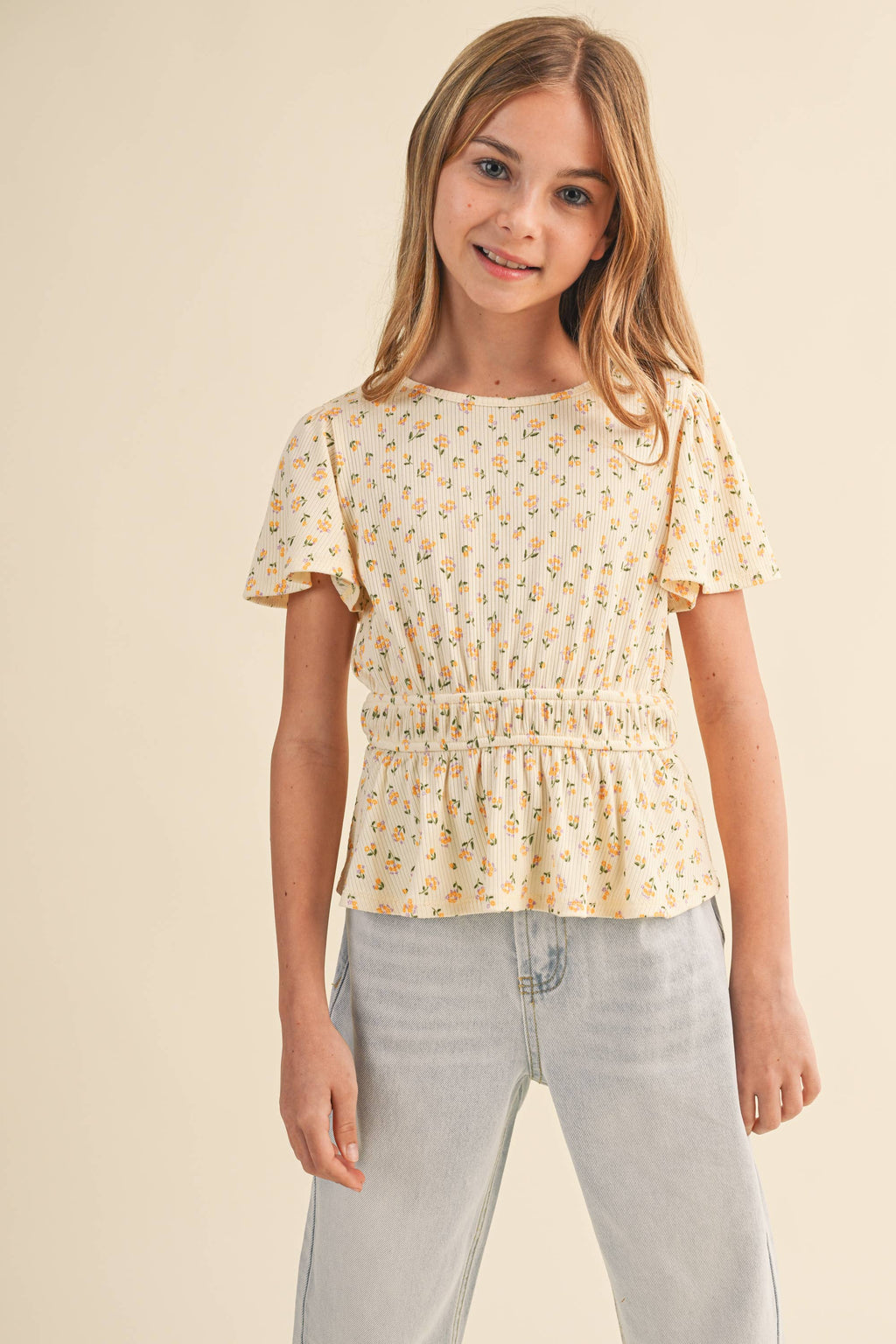 Round Neck Flutter Sleeve Peplum Top
